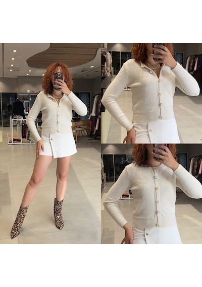 Qoolest Kadın Bisiklet Yaka Gold Mücevher Düğmeli Taşlı Payet İşlemeli Işıltılı Abiye Triko Hırka Beyaz