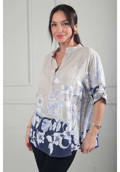 By Saygı Kadın Üç Düğme Detaylı Çiçek Desenli Tek Cepli İtalyan Cotton Oversize Bluz Bej