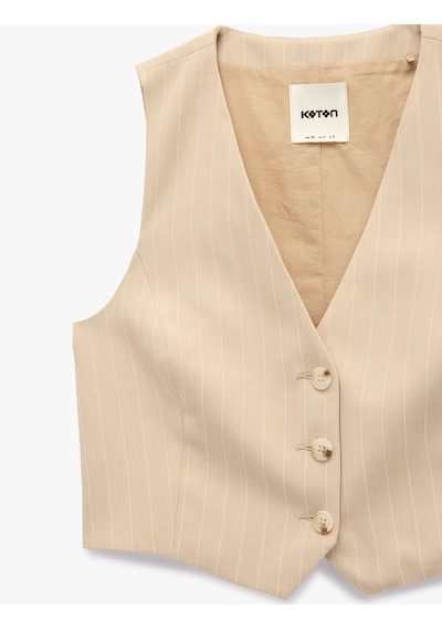 Koton Düğmeli Kruvaze Çizgili Blazer Yelek Bej Çizgili 6sak20008pw Ekru Çizgili