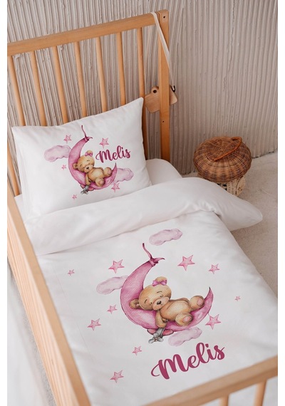 %100 Pamuk Saten Isme Özel Isimli 100x150 Bebek Yatak Nevresim Seti Ayıcık 1