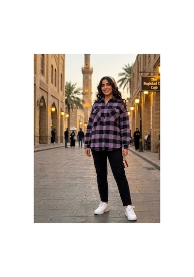 Polologin Butik Mor Ve Siyah Kareli Oversize Oduncu Gömlek Çift Cepli Pamuklu Doku Mor