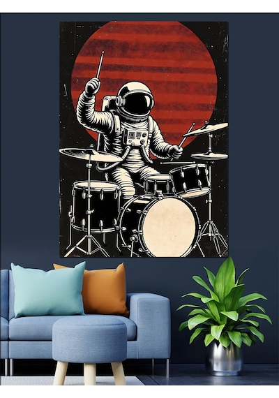 Ahşap Tablo Ay Önünde Bateri Çalan Astronot Çiçek Resimli Tablolar