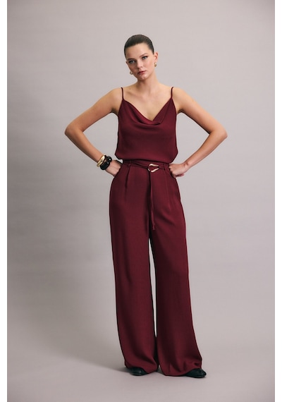 Sateen Kemerli Salaş Pantolon - Mürdüm-136697 Mürdüm