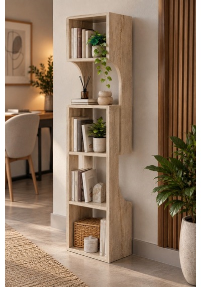 Sulorahome 5 Katlı Modern Dekoratif Ahşap Kitaplık Ve Raf Ünitesi Mermer