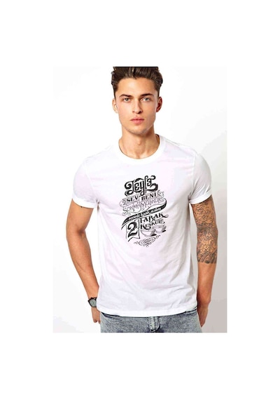 Leyla Sev Beni Baskılı Beyaz Erkek Tshirt (528609272)