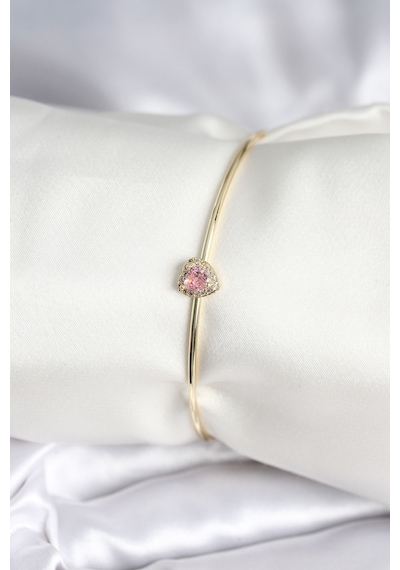 Pembe Zirkon Taşlı Kalp Model Gold Renk Kadın Bileklik Çok Renkli