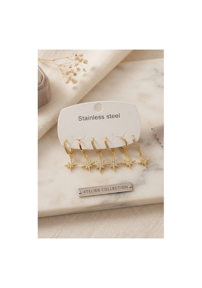 316l Çelik Gold Renk Kutup Yıldızı Model Kadın Küpe Seti Tj-bkp12078 Evimdeyokyok