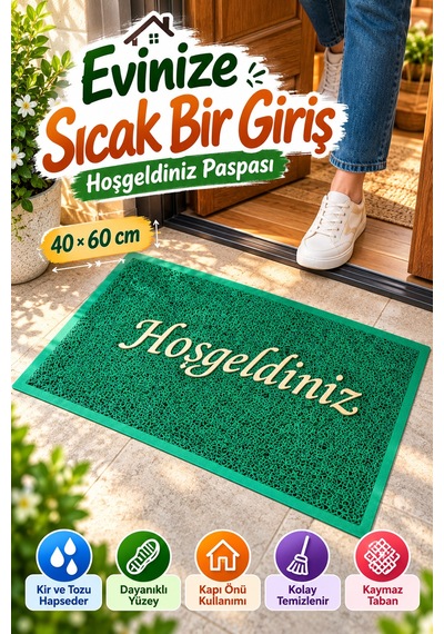 Yeşil 40x60 Cm Hoşgeldiniz Yazılı Kapı Önü Paspası Kıvırcık Dokulu Altın Yazılı Dekoratif Ev Paspası