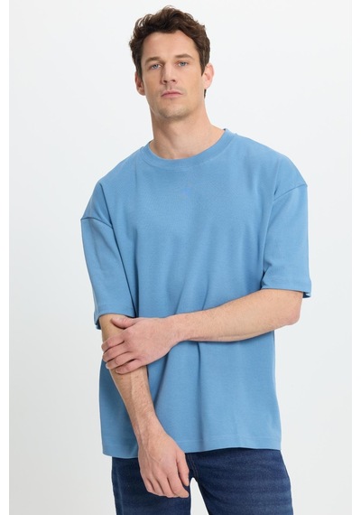 Tudors Unisex Oversize Geniş Kesim %100 Pamuk Yumuşak Dokulu Basic Bisiklet Yaka İndigo Tişört-35180 Çok Renkli