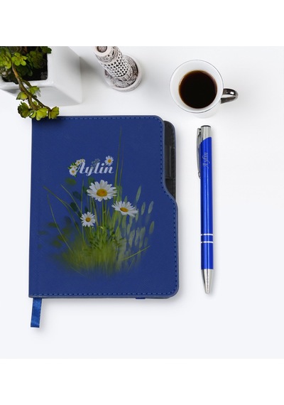 Kişiye Özel Papatya Temalı Lacivert Termo Deri Defter Kalem Seti- N11.141