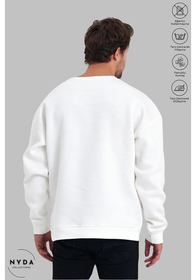 Unisex Uzun Kollu Winnie The Pooh Baskılı Bisiklet Yaka Kapüşonsuz Şardonlu Oversize Sweatshirt Beyaz
