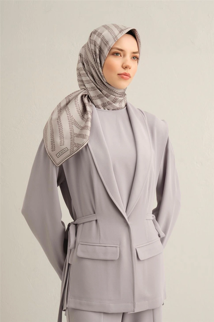 Armine Klasik Desenli Saf İpek Twill Eşarp 9351d 51 Gri