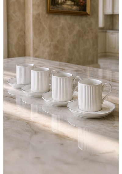 12 Parça 6 Kişilik Stackable Çizgili Gümüş Yaldızlı Kahve Fincan Takımı - Kahve Fincanı Seti 100ml Gümüş Beyaz