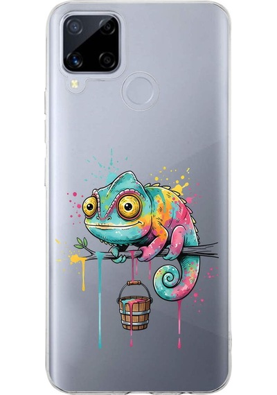 Realme C15 İle Uyumlu Splash Bukalemun Tasarımlı Şeffaf Silikon Kılıf Şeffaf