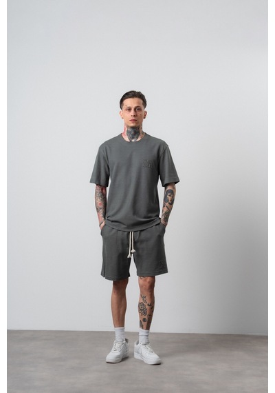 Erkek Pis Dikişli Regular Fit T-shirt Şort Takım Haki