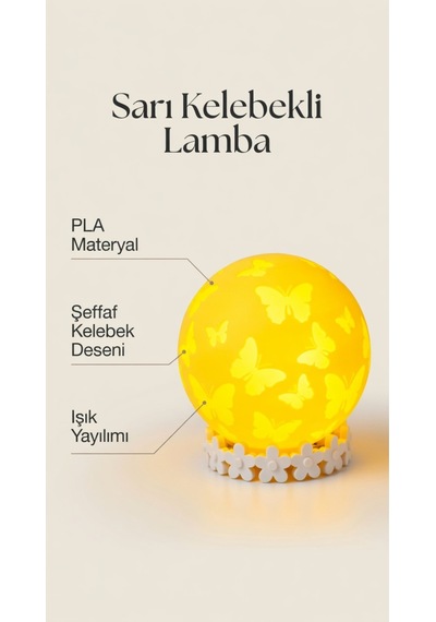 Kelebekli Lamba - Çiçekli Standlı Modern Dekoratif Aydınlatma Gece Lambası - Masa Üstü Abajur Sarı