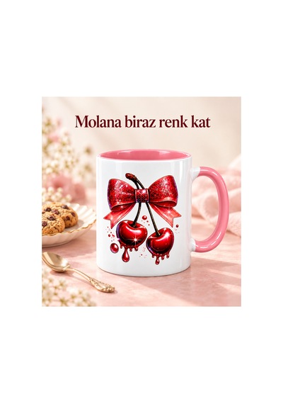 Kiraz Ve Fiyonk Desenli Kupa Bardak Pembe İç Ve Kulp Detaylı Hediyelik Kahve Kupası Beyaz - Pembe