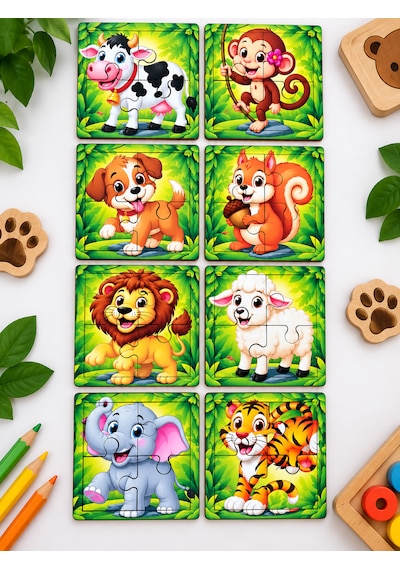 8 Adet 10x10 Cm Ahşap Hayvanlar Mini Puzzle Seti Animal