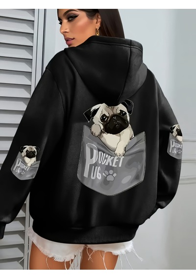 Startmore Startmorecep Pug Kapüşonlu Üstleri Kadınlar Karikatür Köpek Baskılı Büyük Beden Cepli Kapüşonlu Üst Kı Siyah