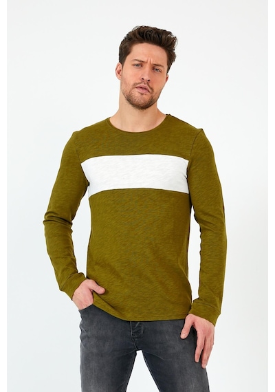 MMetalic Haki Unisex Regular Fit Bisiklet Yaka Uzun Kollu Şeritli Sweat Haki