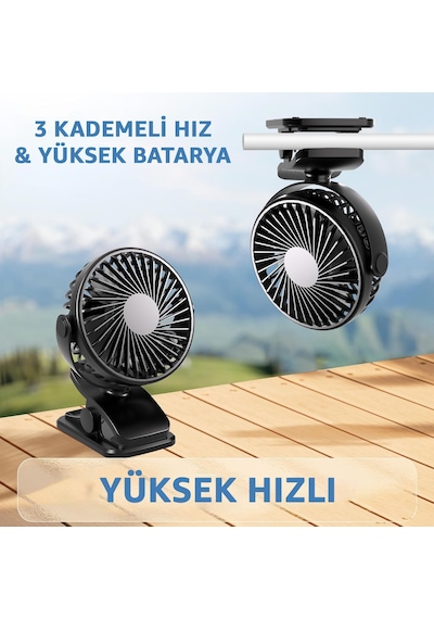 Şarjlı Usb Mini Klipsli Vantilatör Fan - 3 Kademeli - 360 Hareketli - Bebek Arabası, Ofis, Mas