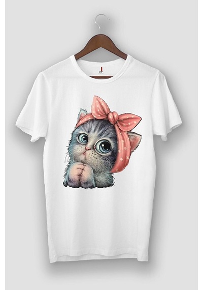 Sevimli Kedi Baskılı Oversize Beyaz T-shirt BEYAZ