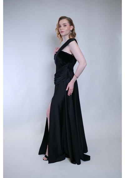 Crystalia Opia Dress Saten Kadife Detaylı - Siyah Siyah