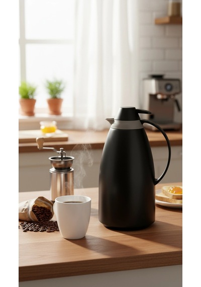 Cam İç Hazneli Vakumlu Termos 1.0 Litre - Sıcak Ve Soğuk Tutucu Siyah Renkli
