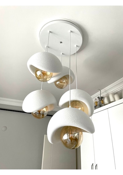 Modern 5'li Avize Beton Dokulu - Salon Ve Oturma Odası İçin Şık Tasarım Rustik Ampul Hediyeli Beyaz