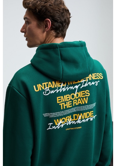 Grımelange PASCAL Erkek Kapüşonlu Kanguru Cepli Önü Ve Sırtı Baskılı Regular Fit Yeşil Sweatshirt
