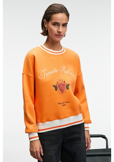 Grımelange VALLUNE Kadın Kontrast Triko Etek Ucu Manşet Ve Yakalı Nakış Crop Turuncu Sweatshirt