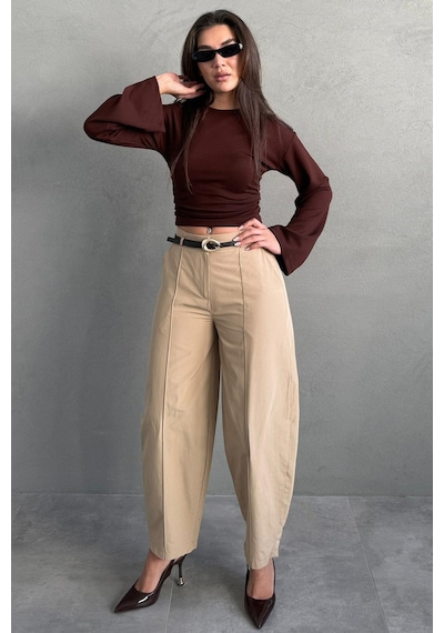 Madmext Bej Modern Kesim Kemerli Yüksek Bel Bol Paça Kumaş Pantolon Mg2618 Bej