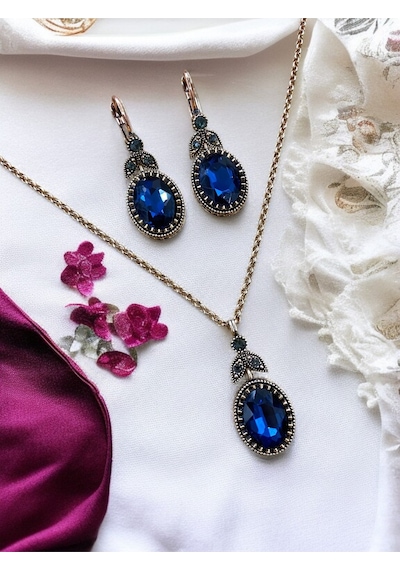 Kristal Taşlı Oval Kesim Kolye Ve Küpe Seti Mavi
