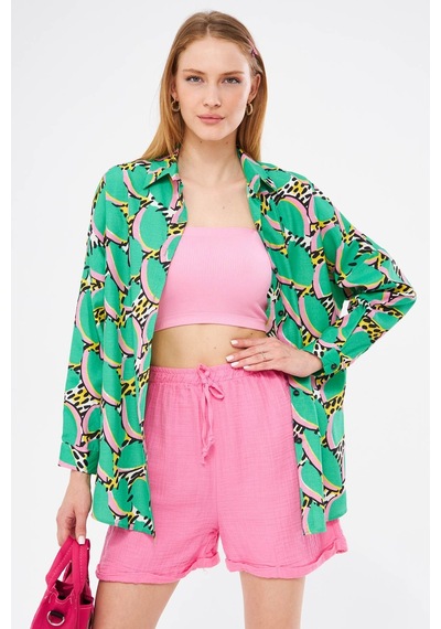 Armonika Kadın Yeşil Desenli Oversize Uzun Basic Gömlek Arm-22y001148