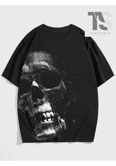 Startmore Goth Erkek Kafatası Baskılı Tişört Siyah