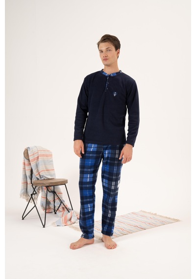 Estiva Erkek Kışlık Düğmeli Yaka Kareli Alt Polar Pijama Takımı 001