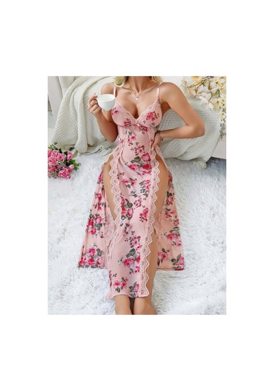 Doğu Collection Yandan Dantelli Uzun Gecelik Takım Pembe-çiçek Desenlı