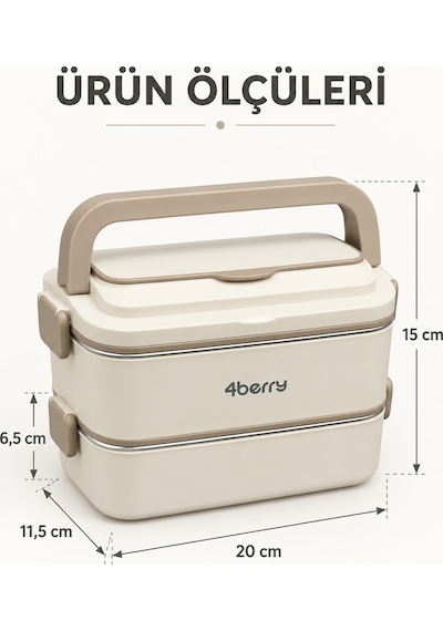2 Katlı Yemek Termosu 3 Bölmeli 1800 Ml Taşınabilir Yemek Kabı, 304 Paslanmaz Çelik, Sızdırmaz, Isı Yalıtımlı, Kaşıklı Krem