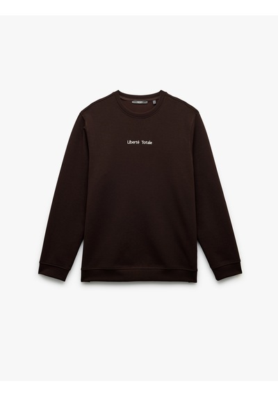 Koton İşleme Detaylı Uzun Kollu Bisiklet Yaka Sweatshirt Kahverengi 6wam70077mk Kahve