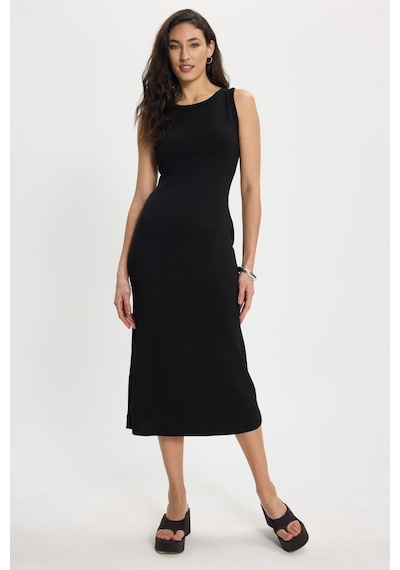 Tudors Kadın Slim Fit Dar Kesim Pamuklu Sıfır Kol Bisiklet Yaka Siyah Elbise-50479