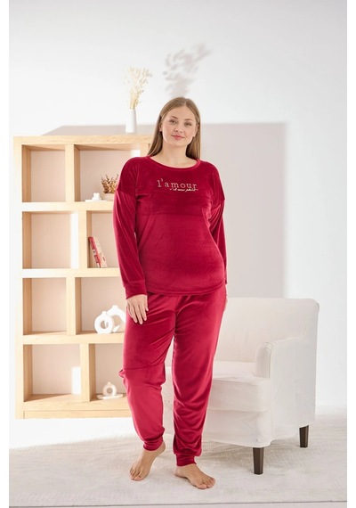 Pijamoni Kadın Yumuşak Kadife Bisiklet Yaka Vişne Pijama Takımı Vişne