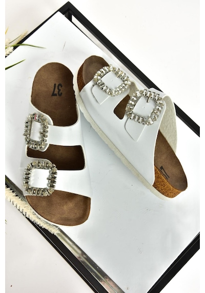 Fox Shoes Beyaz Çift Tokalı Taşlı Kadın Terlik K777604809 Beyaz-suni Deri Beyaz