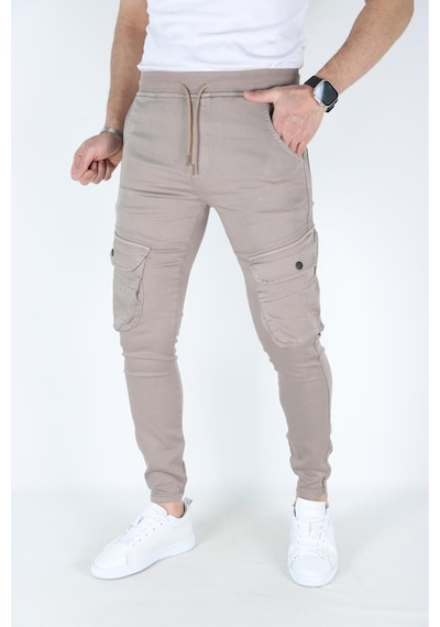 Myrab Denim Erkek Siyah Kargo Cepli Paça Bel Lastikli Likralı Kargo Cep Pantolon Krem