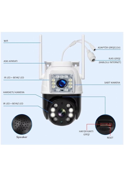 Qr Pro 3012 Wi-fi Ptz İki Kameralı 360 İç Ve Dış Mekan Akıllı Kamera 5mp Adaptör Dahildir.