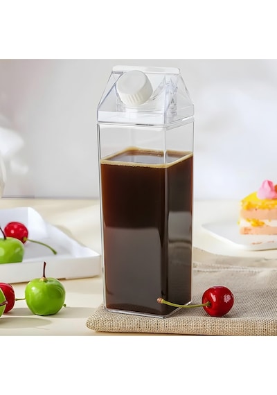 4 Lü Set 1000 Ml Şeffaf Süt Kutusu Tasarımlı Akrilik Matara - Buzdolabı İçi Düzenleyici Şişe