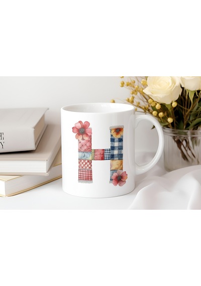 H Harfli Retro Çiçekli Kupa Bardak - Patchwork Tarz Yamalı Desenli İsme Özel Kupa - Hediye Beyaz