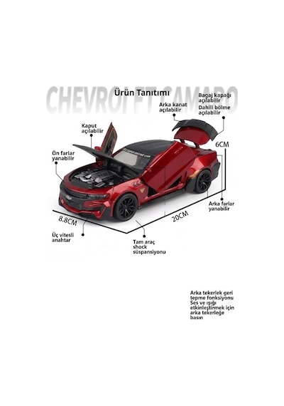 Işıklı Sesli Pilli 1:24 Ölçekli Metal Chevrolet Camaro Kapısı Kaputu Ve Bagajı Açılan Model Araba Kırmızı