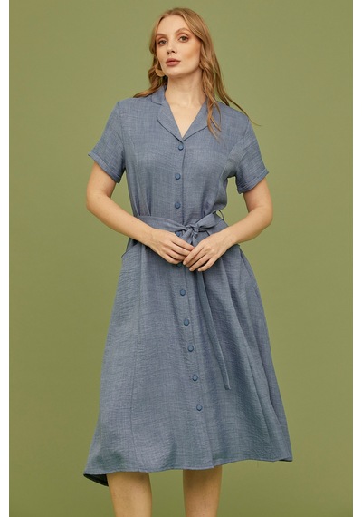 Sementa Keten Görünümlü Cepli Gömlek Elbise - Indigo Indigo