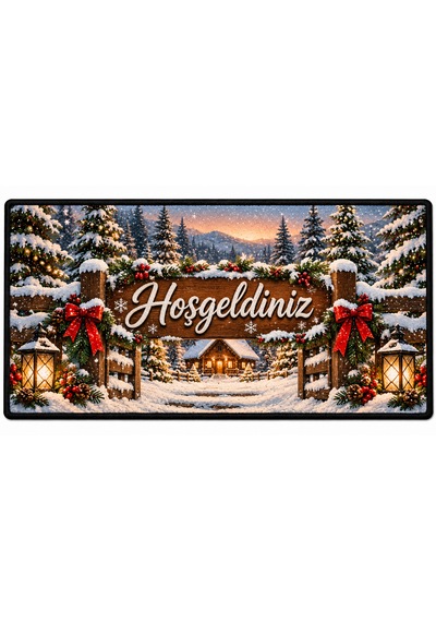 Yılbaşı Temalı Kapı Önü Paspası- Kardan Adam, Kurabiye Adam Ve Geyik Desenli, Kaymaz Pvc Tabanlı Dijital Baskılı Dekoratif Paspas Yeşil