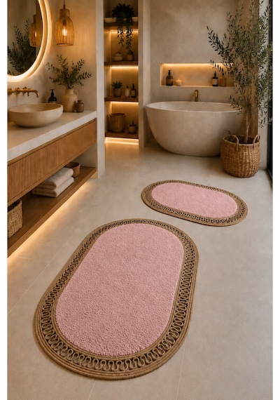 El Yapımı Bohem Banyo Paspası 2'li Pelüş Kaymaz Jel Taban 40x60 Cm Ve 60x100 Cm Pembe